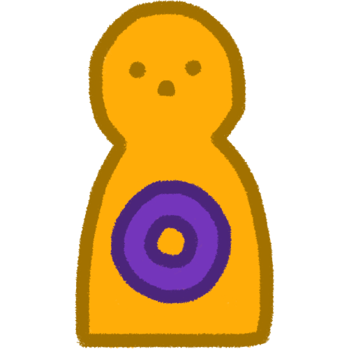 a yellow person with a darker yellow outline, on their tummy is a purple ring / circle.